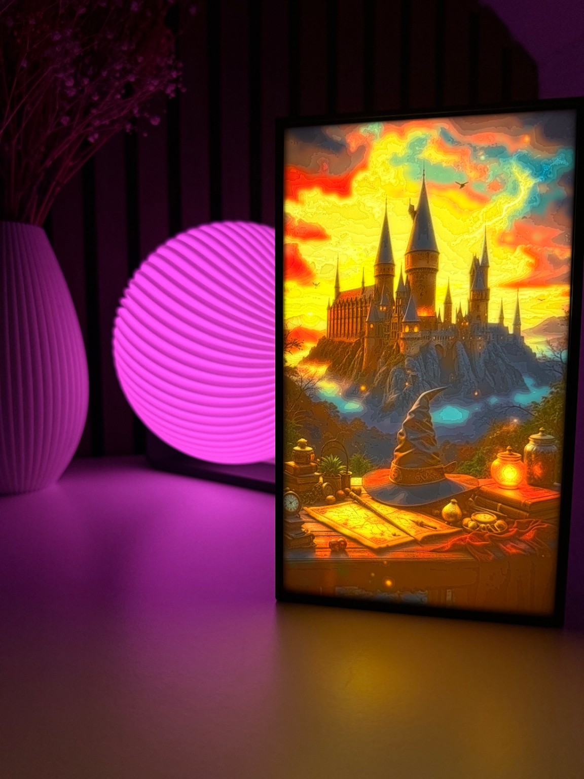 Illuminated custom fantasy lithophane beside a pink 3D printed lamp